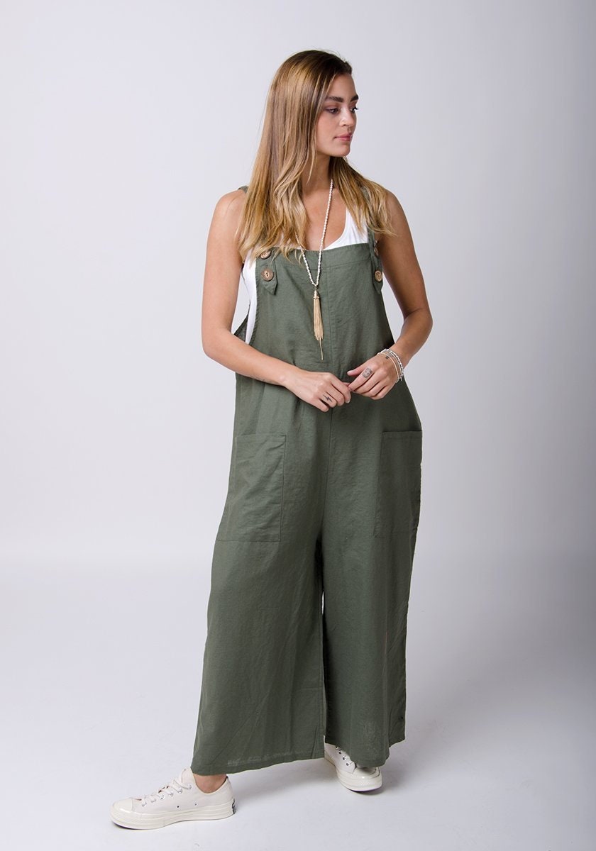 SAFFY Ladies Lightweight Loose Fit Linen Dungarees Green Etsy Australia
