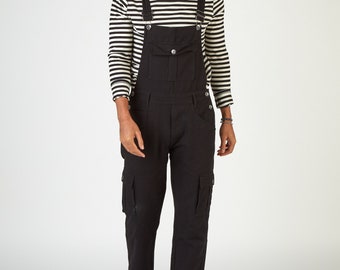 Bill Mens Black Dungarees with Cargo Pockets