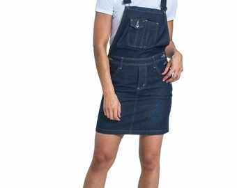 Short Denim Dungaree Dress - Darkwash with Braces straps