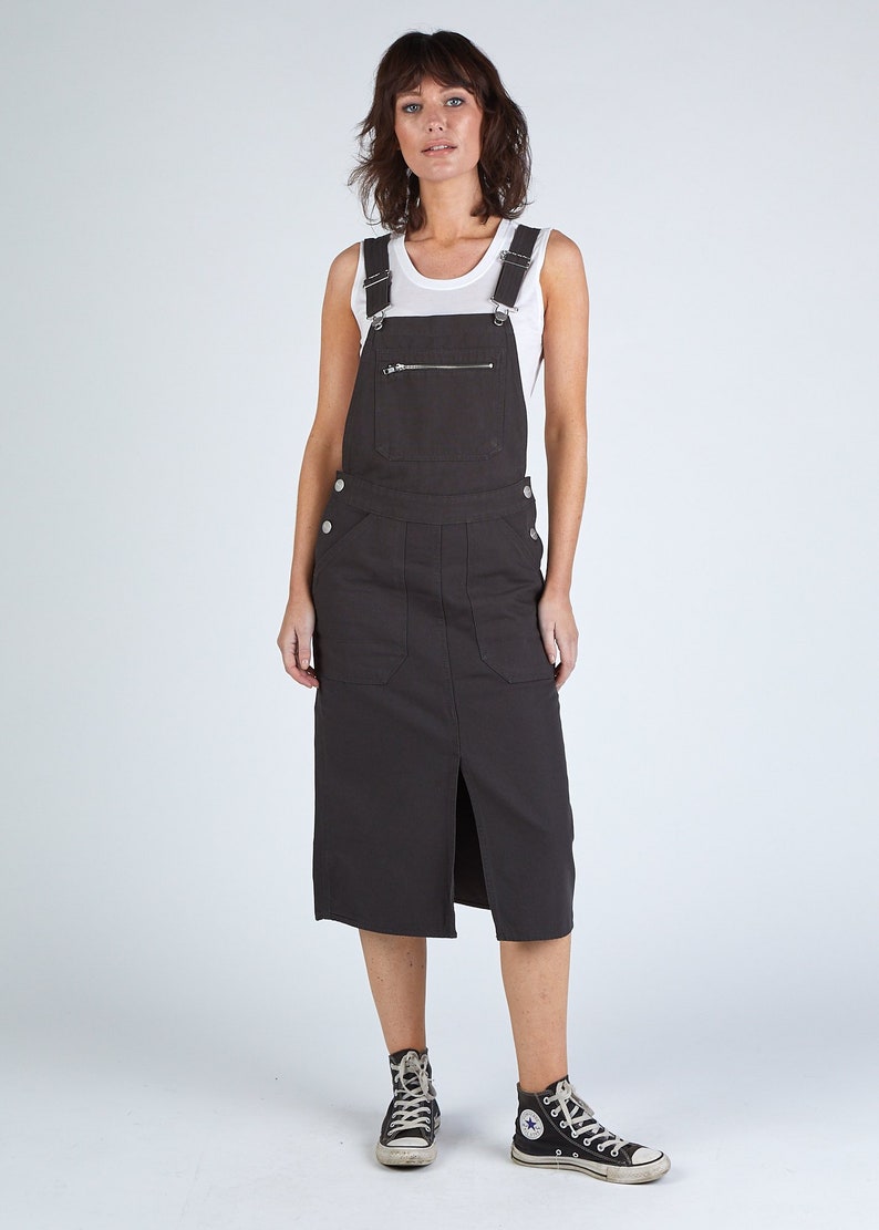 Women's faded black pinafore overall with front split image 1