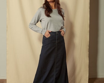 Womens Long Denim Skirt - Indigo