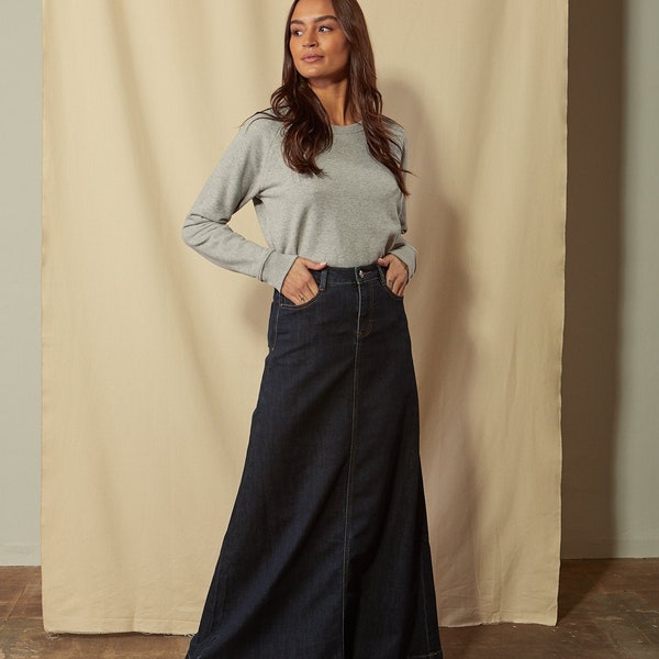 Womens Long Denim Skirt - Indigo