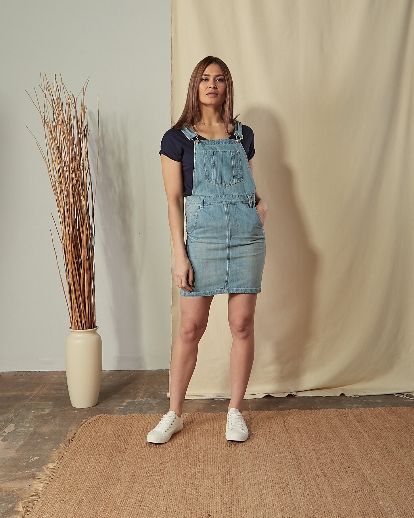 White Wash Split Back Denim Dungaree Dress