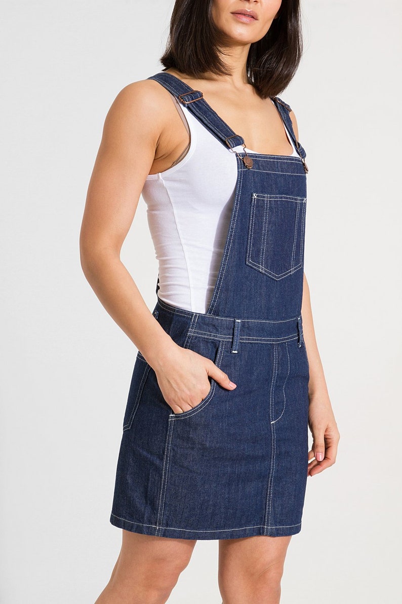 Cicely Womens Short Denim Dungaree Dress Rinsed Blue image 4