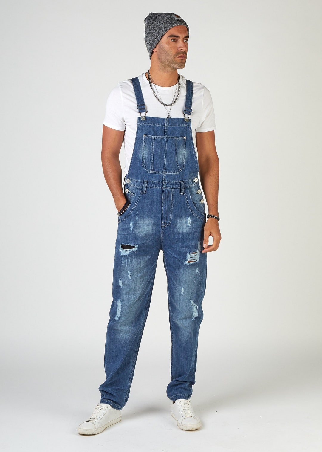 BERTIE Mens Loose Fit Dungarees Midwash With Rips - Etsy