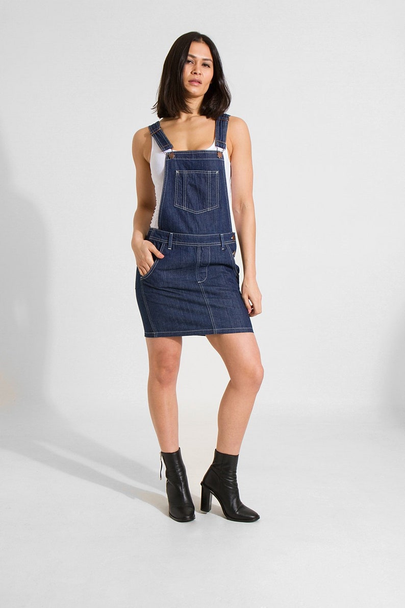Cicely Womens Short Denim Dungaree Dress Rinsed Blue image 1