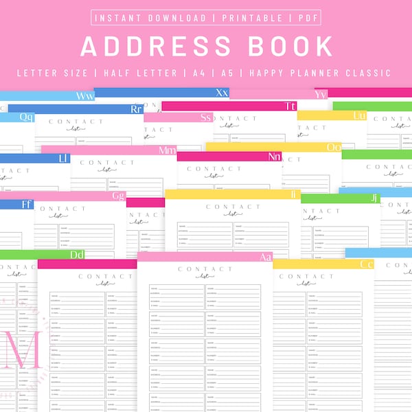 Address Book Printable, Contacts Page, A5 Address Book for Planner, Contact Tracker, Printable Planner Pages, Planner Inserts, Contacts Page