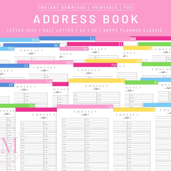 Address Book Printable, Contacts Page, A5 Address Book for Planner, Contact Tracker, Printable Planner Pages, Planner Inserts, Contacts Page