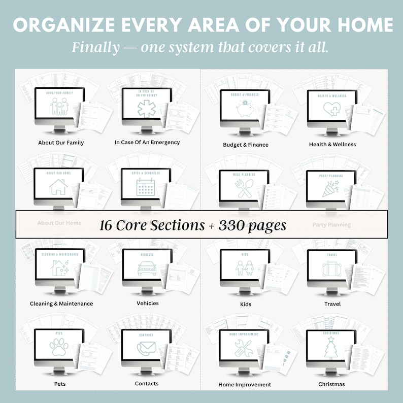 Family home planner printable binder with cleaning schedule, budget planner, meal planner, and home organization worksheets