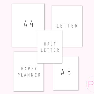 K&ouml;nnte beinhalten: F&uuml;nf wei&szlig;e Karten mit schwarzem Text. Die Karten sind mit "A4", "Brief", "Halbbrief", "Happy Planner" und "A5" beschriftet.