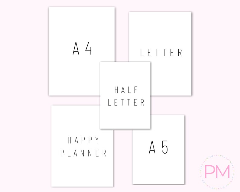 K&ouml;nnte beinhalten: F&uuml;nf wei&szlig;e Karten mit schwarzem Text. Die Karten sind mit "A4", "Brief", "Halbbrief", "Happy Planner" und "A5" beschriftet.