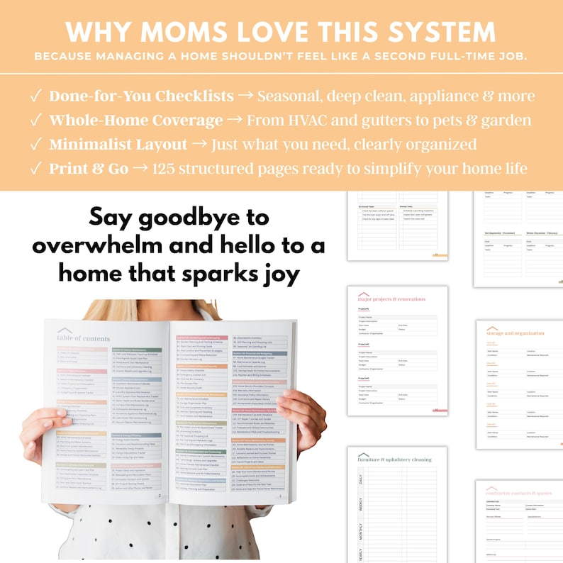 Printable home organization binder pages for managing household tasks, finances, schedules, and meal planning printable planner