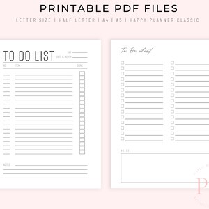 Peut inclure: Deux mod&egrave;les de liste de choses &agrave; faire imprimables. Le mod&egrave;le de gauche comporte une section pour le jour, la date et le mois, l'article et fait. Le mod&egrave;le de droite comporte une section pour les notes.