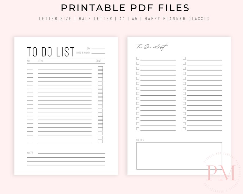 Peut inclure: Deux mod&egrave;les de liste de choses &agrave; faire imprimables. Le mod&egrave;le de gauche comporte une section pour le jour, la date et le mois, l'article et fait. Le mod&egrave;le de droite comporte une section pour les notes.
