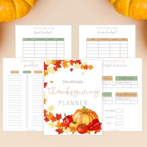 May include: Printable Thanksgiving planner with a fall leaf border and a pumpkin illustration. The planner includes sections for a guest list, food budget, decor budget, and a budget overview.