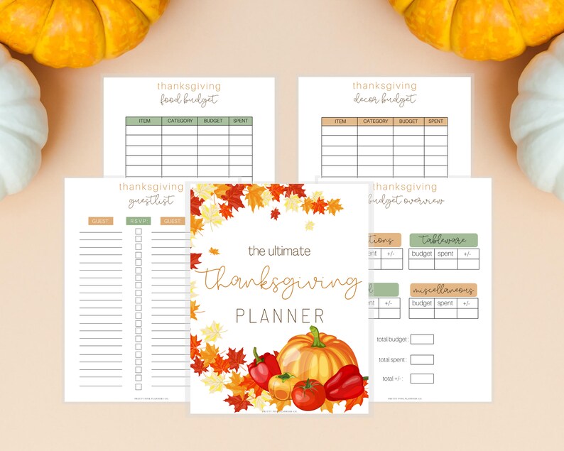 May include: Printable Thanksgiving planner with a fall leaf border and a pumpkin illustration. The planner includes sections for a guest list, food budget, decor budget, and a budget overview.