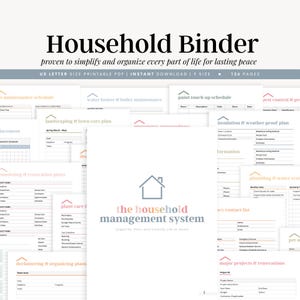 Puede incluir: Un archivador doméstico imprimible blanco con varios formularios organizativos. El archivador incluye secciones para mantenimiento, jardinería, remodelación y más. El texto "Household Binder" está en la parte superior, con "the household management system" debajo.
