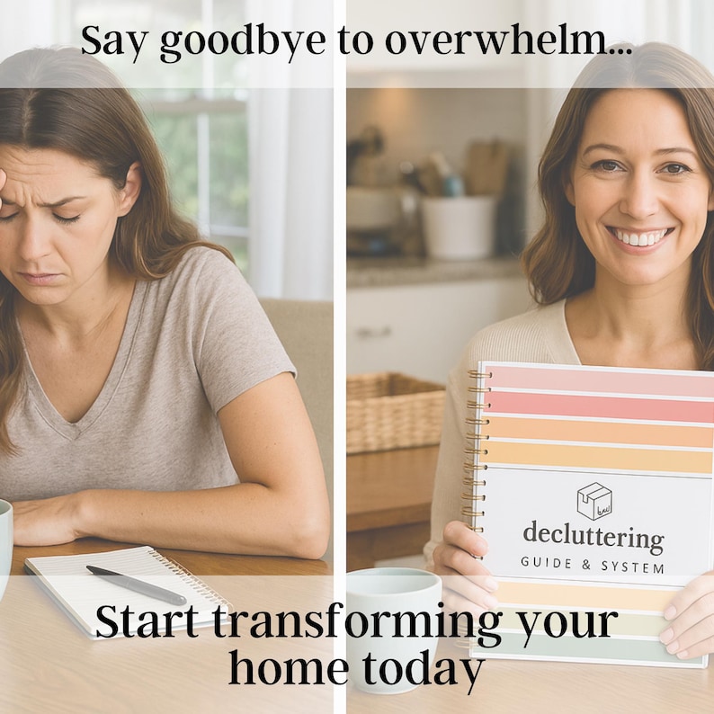 Side-by-side comparison of a stressed mom surrounded by clutter and the same mom smiling in a clean kitchen holding the printable decluttering guide, representing a home transformation