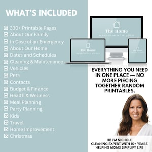 Home planner printable pages including budget tracker, cleaning checklist, meal planner, and family schedule printable binder pages