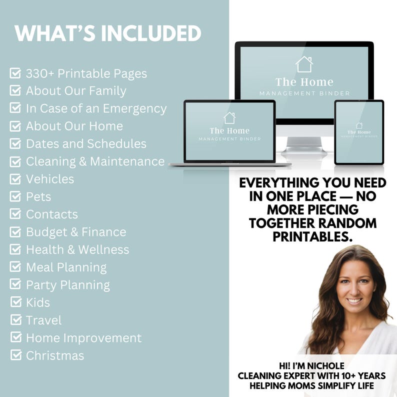 Home planner printable pages including budget tracker, cleaning checklist, meal planner, and family schedule printable binder pages