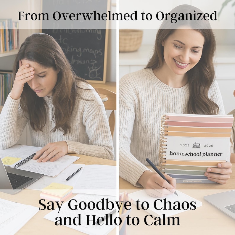 Before and after homeschool planning. from overwhelmed to organized