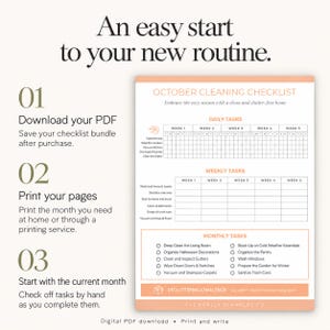 Three steps for using the cleaning bundle: download the PDF, print the pages, and begin with the current month.