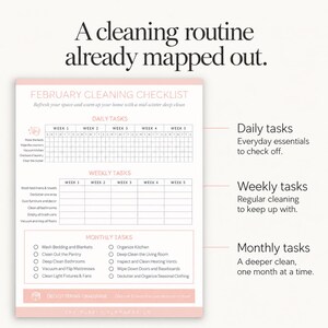 Monthly cleaning checklist close-up with labels identifying daily routines, weekly cleaning, and monthly tasks.