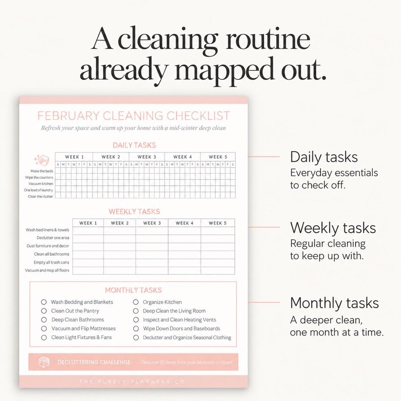 Monthly cleaning checklist close-up with labels identifying daily routines, weekly cleaning, and monthly tasks.