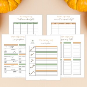 May include: Printable Thanksgiving planning pages with headings for tableware budget, miscellaneous budget, recipe plan, menu plan, and grocery list. The pages are decorated with fall colors and icons.