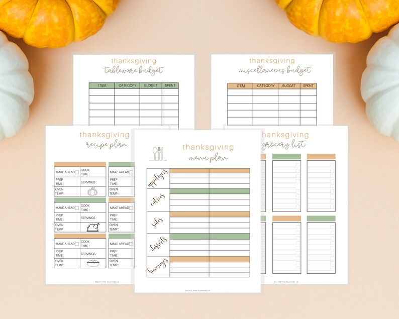 May include: Printable Thanksgiving planning pages with headings for tableware budget, miscellaneous budget, recipe plan, menu plan, and grocery list. The pages are decorated with fall colors and icons.