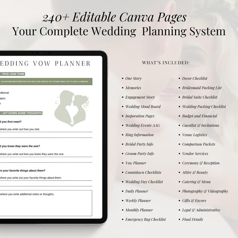 Digital Canva wedding binder with photo cover, designed for brides to personalize and print, ideal for stress-free planning.
