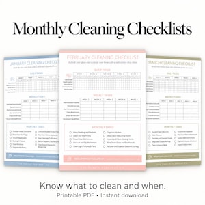 Printable monthly cleaning checklist bundle showing daily, weekly, and monthly task sections on colorful PDF pages.