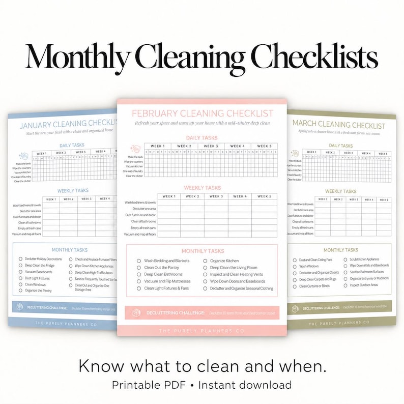 Printable monthly cleaning checklist bundle showing daily, weekly, and monthly task sections on colorful PDF pages.