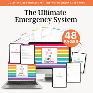 Könnte beinhalten: Eine digitale Illustration eines Computerbildschirms, eines Laptops und eines Tablets, die ein farbenfrohes Design mit dem Text "just in case binder" zeigen. Das Bild enthält auch einen Kreis mit dem Text "48 Seiten" und eine Vielzahl anderer Seiten mit Text und Grafiken.