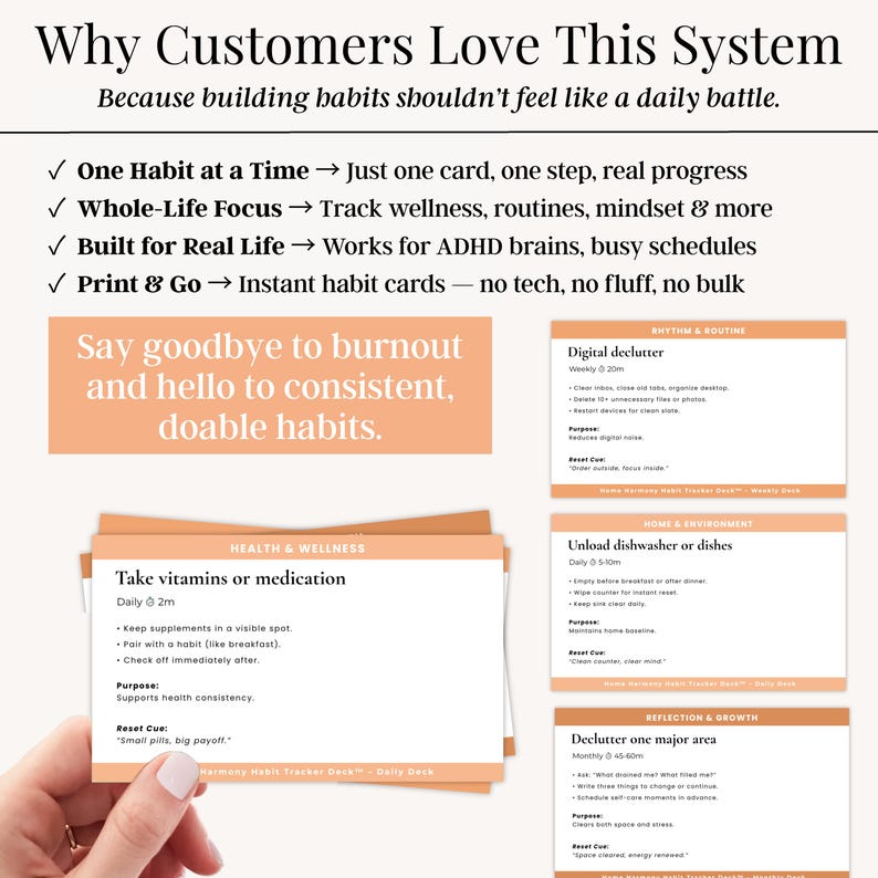 Habit-building card system with modular layout for adults struggling with executive dysfunction or task paralysis