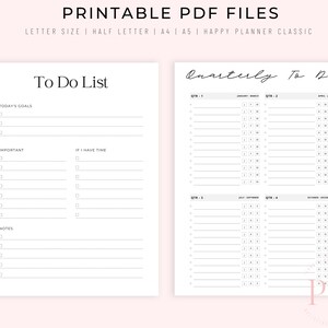 Peut inclure: Pages imprimables de liste de t&acirc;ches et de planificateur trimestriel. La liste de t&acirc;ches comprend des sections pour les objectifs du jour, les t&acirc;ches importantes et les notes. Le planificateur trimestriel comprend des sections pour chaque trimestre de l'ann&eacute;e avec des cases pour chaque jour.