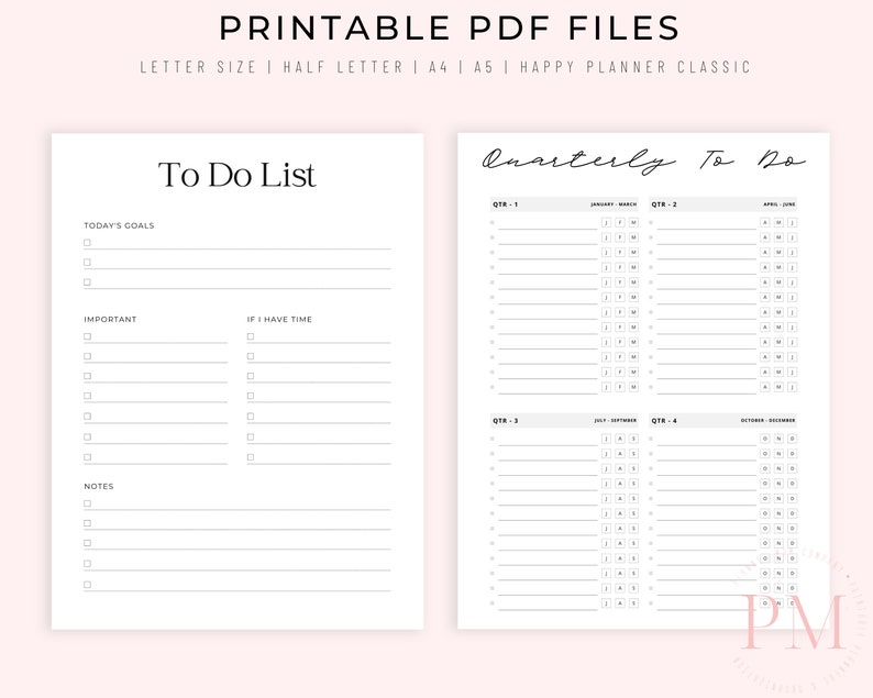 Peut inclure: Pages imprimables de liste de t&acirc;ches et de planificateur trimestriel. La liste de t&acirc;ches comprend des sections pour les objectifs du jour, les t&acirc;ches importantes et les notes. Le planificateur trimestriel comprend des sections pour chaque trimestre de l'ann&eacute;e avec des cases pour chaque jour.