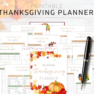 May include: Printable Thanksgiving planner with 21 pages. The planner includes sections for a grocery list, menu plan, tableware budget, timeline, miscellaneous budget, cooking, recipe plan, baking budget, and guest list. The pages are decorated with fall leaves, pumpkins, and other Thanksgiving-themed imagery.
