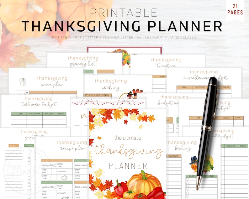 May include: Printable Thanksgiving planner with 21 pages. The planner includes sections for a grocery list, menu plan, tableware budget, timeline, miscellaneous budget, cooking, recipe plan, baking budget, and guest list. The pages are decorated with fall leaves, pumpkins, and other Thanksgiving-themed imagery.