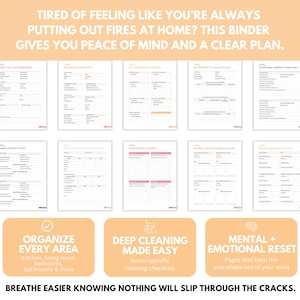 Printable home organization binder pages for managing household tasks, finances, schedules, and meal planning printable planner