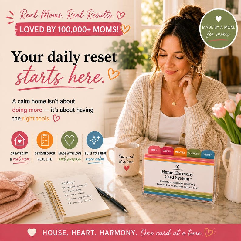 Printable home management system designed to reduce decision fatigue and simplify household routines.