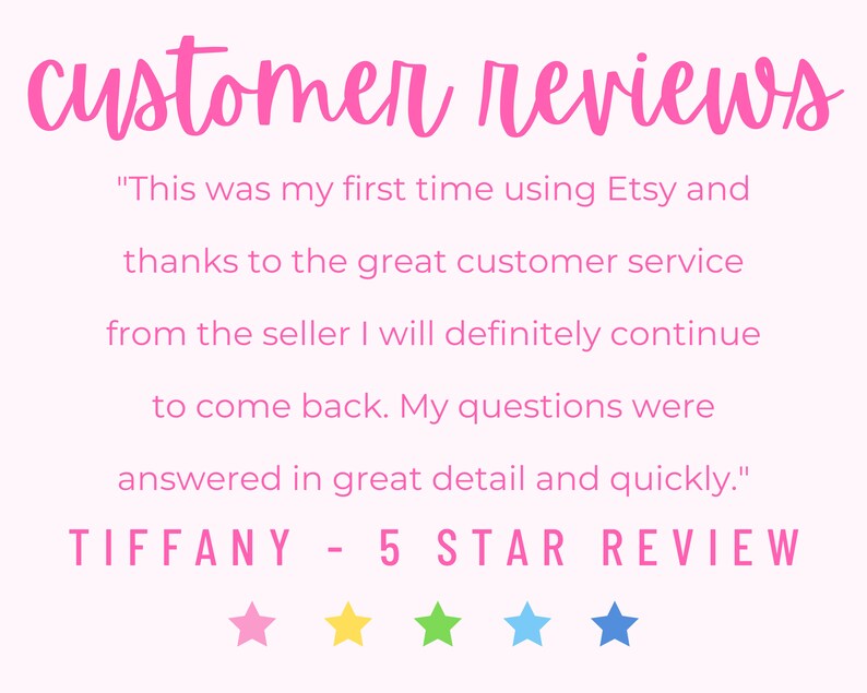 K&ouml;nnte beinhalten: Eine Kundenbewertung mit f&uuml;nf Sternen f&uuml;r einen Etsy-Verk&auml;ufer. Die Bewertung lautet: "Dies war mein erstes Mal, dass ich Etsy benutzt habe, und dank des gro&szlig;artigen Kundenservice des Verk&auml;ufers werde ich auf jeden Fall wiederkommen. Meine Fragen wurden ausf&uuml;hrlich und schnell beantwortet." Der Name des Kunden ist Tiffany.