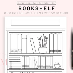 May include: A black and white printable bookshelf with three shelves. The top shelf has a plant in a pot. The middle shelf has books stacked on top of each other. The bottom shelf has books and a cup of coffee with steam coming out of it.