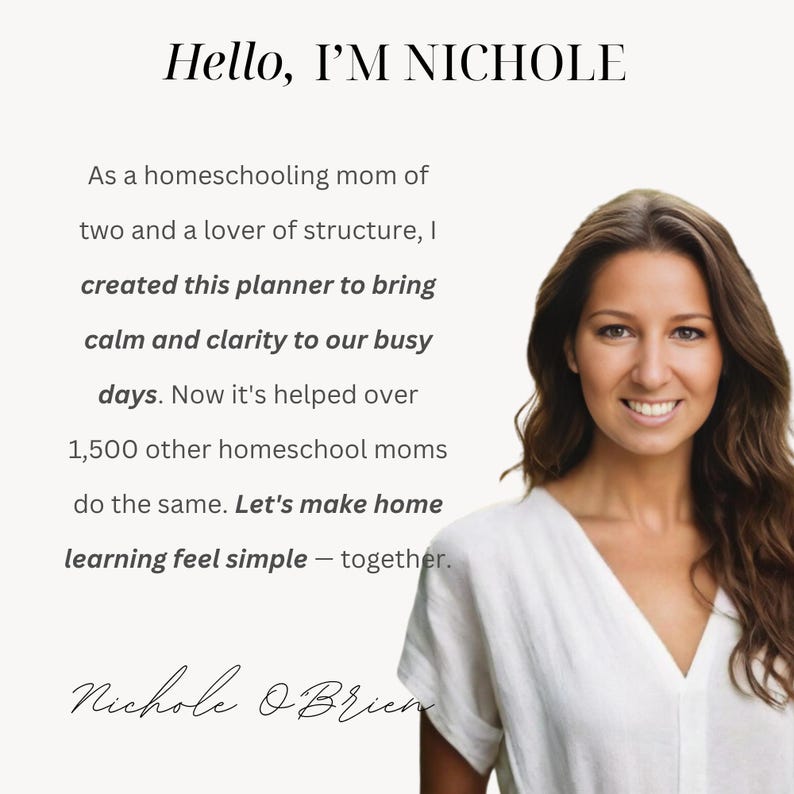 Meet Nichole. homeschooling mom of two and creator of the 2025 to 2026 planner