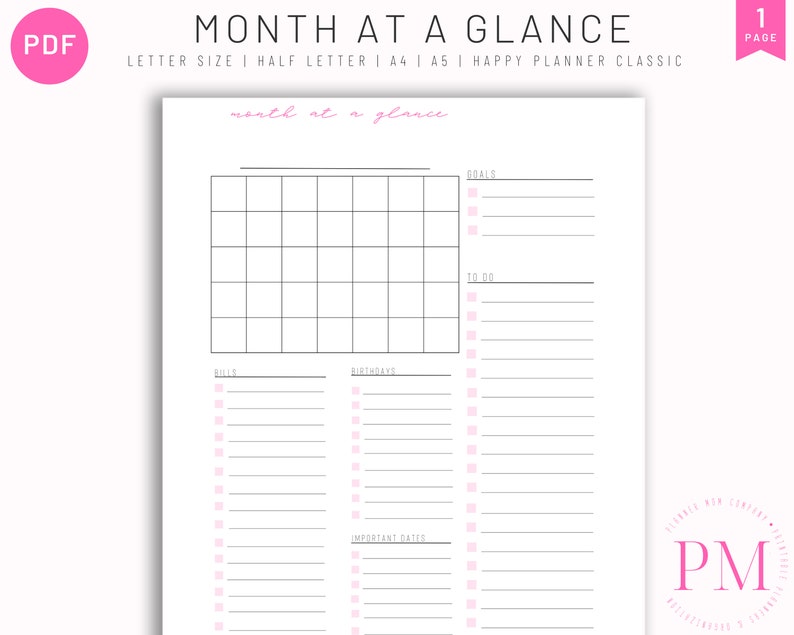 Month at a Glance Planner Printable Template One Page Monthly - Etsy