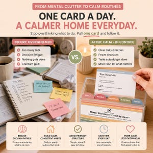 Three-step guide showing how to download, print, cut, and organize printable task cards.