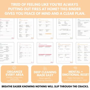 Home management planner printable PDF pages displayed in binder for household organization, budgeting, and cleaning routines