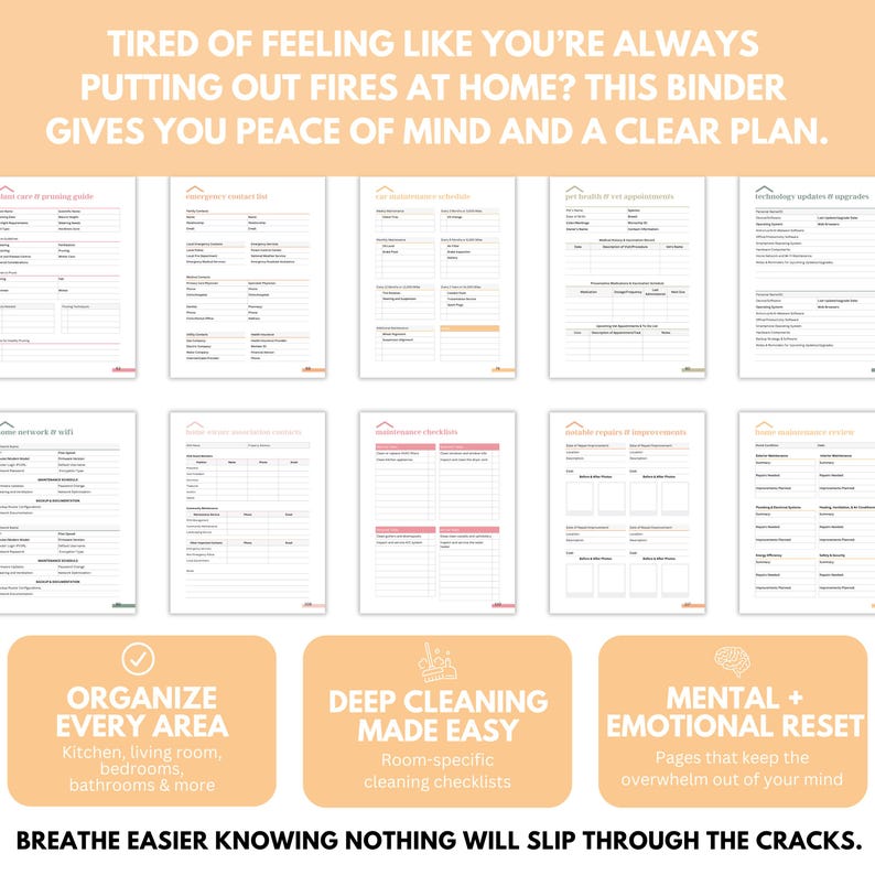 Home management planner printable PDF pages displayed in binder for household organization, budgeting, and cleaning routines