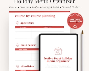 Kerstmaaltijd Kookplanner Afdrukbare set Vakantiedinerschema Digitale pdf-sjabloon voor voorbereiding kerstdiner en menuplanning