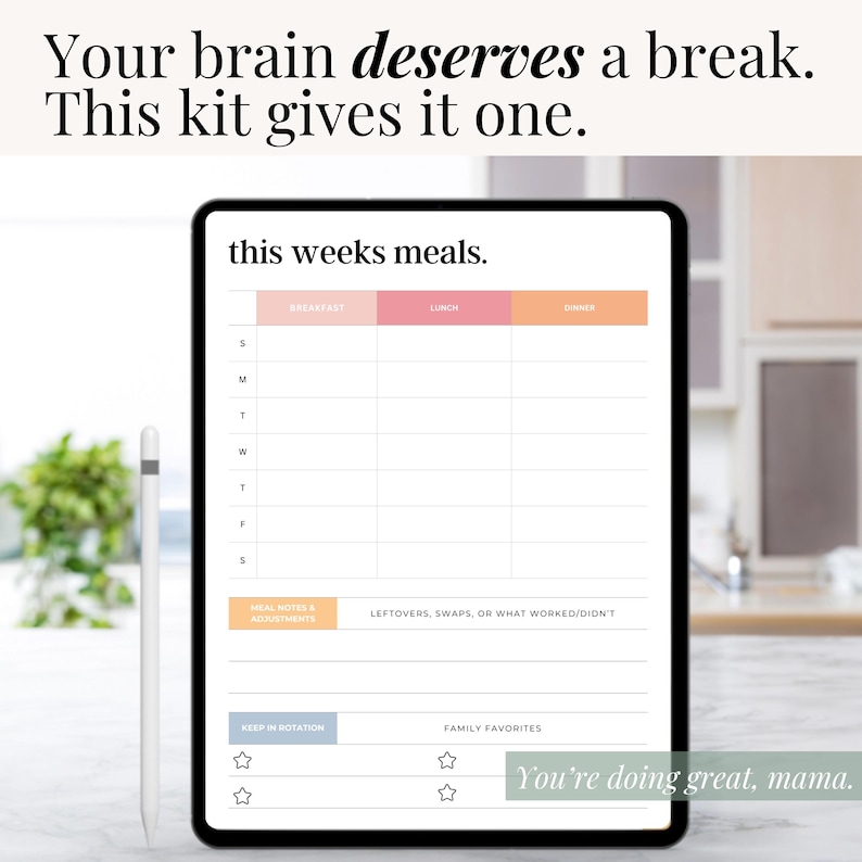 Simple digital meal planning sheet with grocery list section, great for home kitchens and meal prep Sundays
